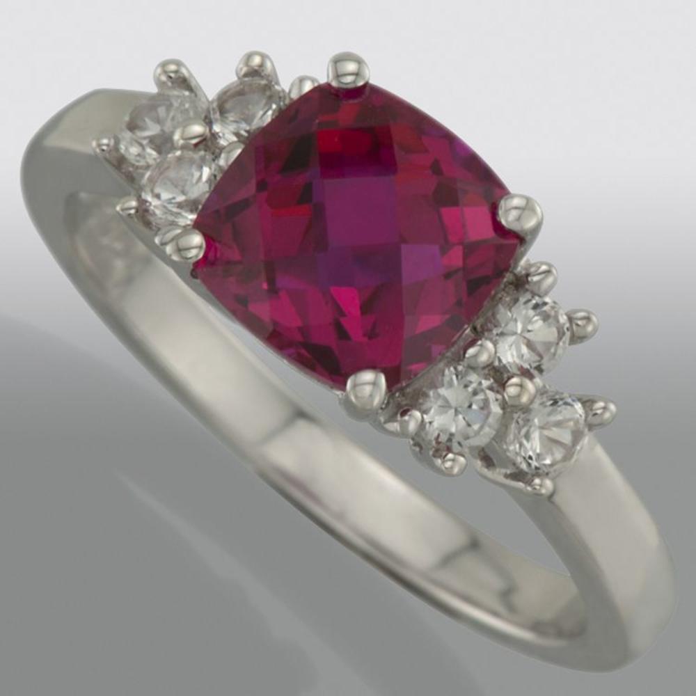 Ladies Sterling Silver, Lab-Created Cushion Ruby and White Sapphire Ring