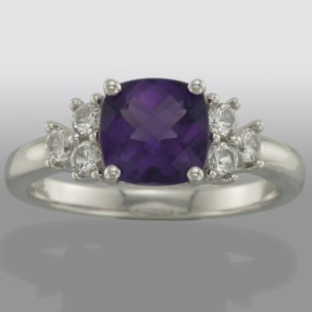 Ladies Sterling Silver, Lab-Created Cushion Amethyst and White Sapphire Ring