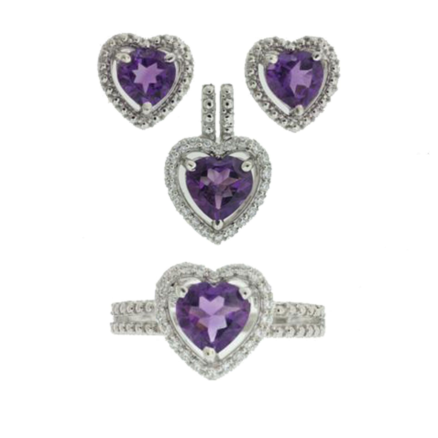 Sterling Silver Amethyst & Created White Sapphire Framed Heart 3 PC Set