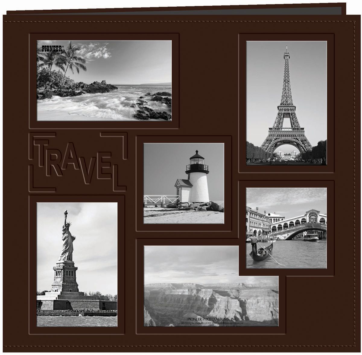 Pioneer Collage Frame 12-Inch x 12-Inch Sewn Embossed Cover Travel Postbound Album, Brown