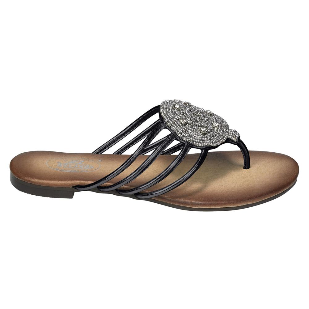 Bolaro Women&#39;s Shield Beaded Strappy Thong Sandal with Large Medallion - Black