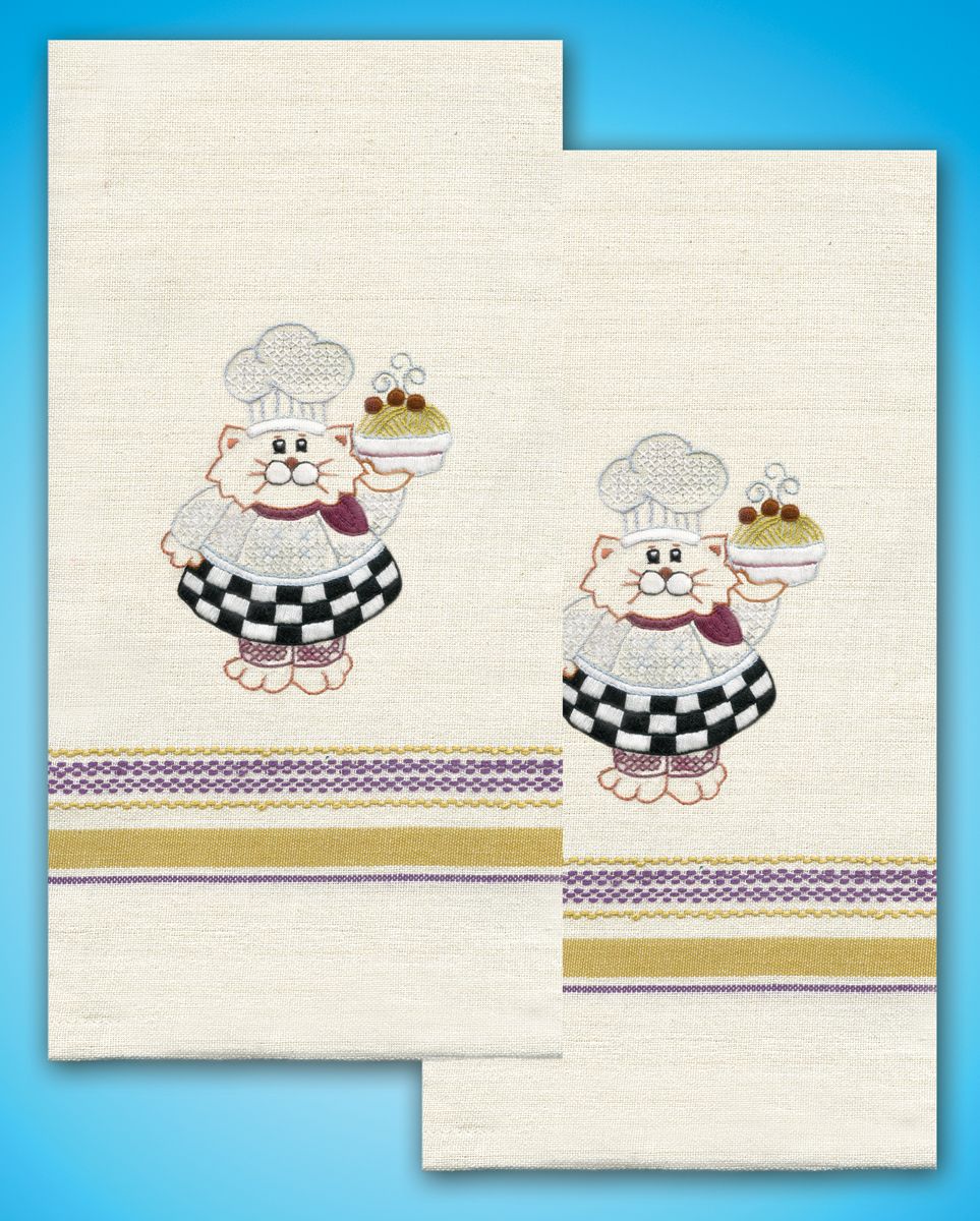 Tobin Stamped Kitchen Towels For Embroidery-Cat Chef