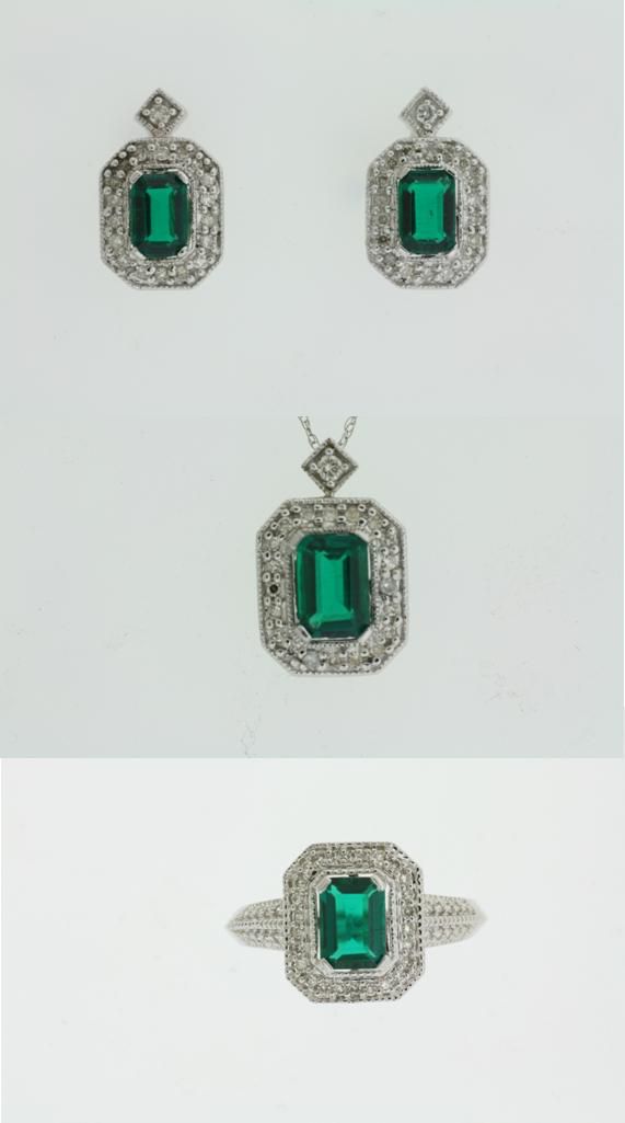 Lab Created Emerald & White Sapphire Sterling Silver Table Cut Pendant  Earrings & Ring