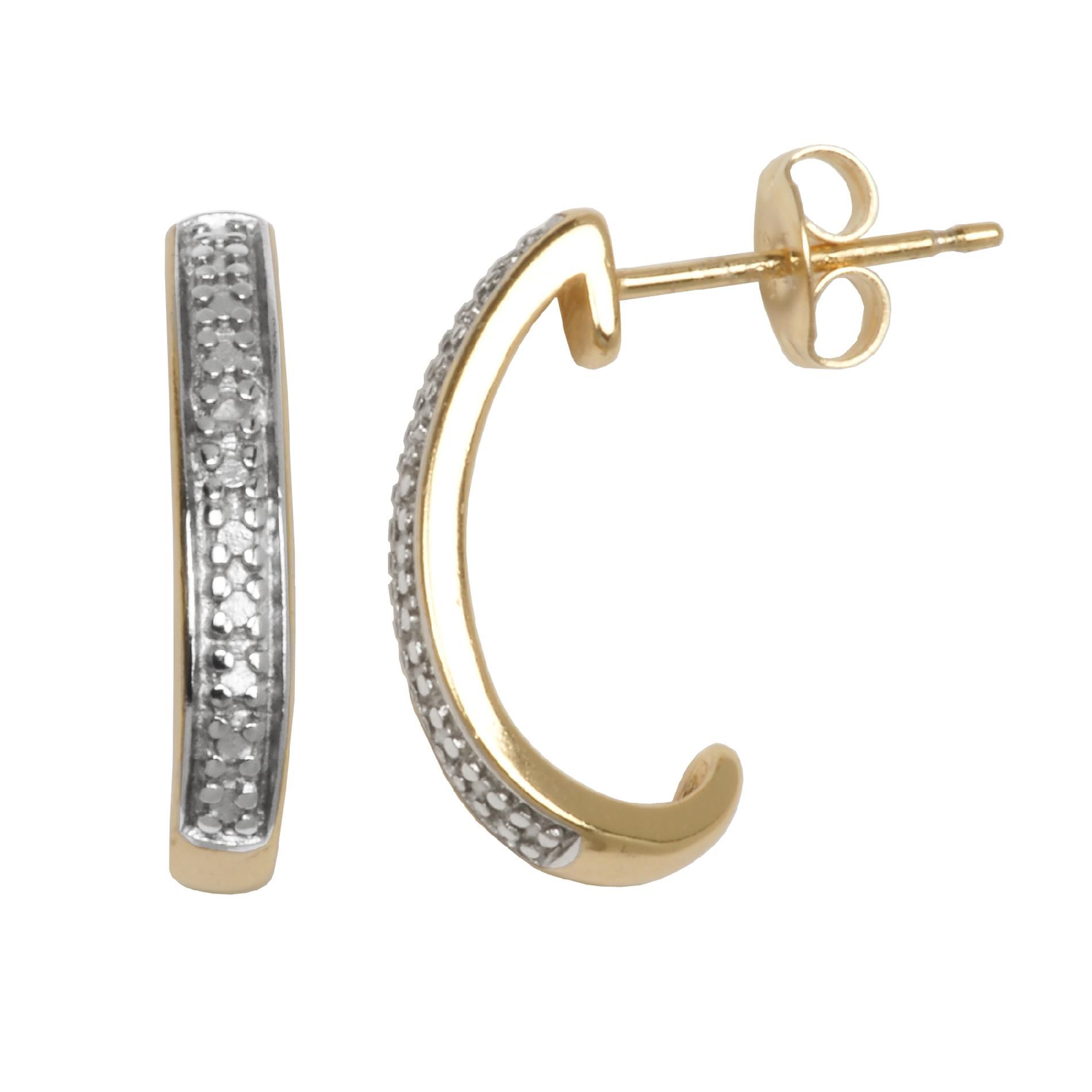 18k and Sterling Silver Diamond Accent J-Hoop Earrings