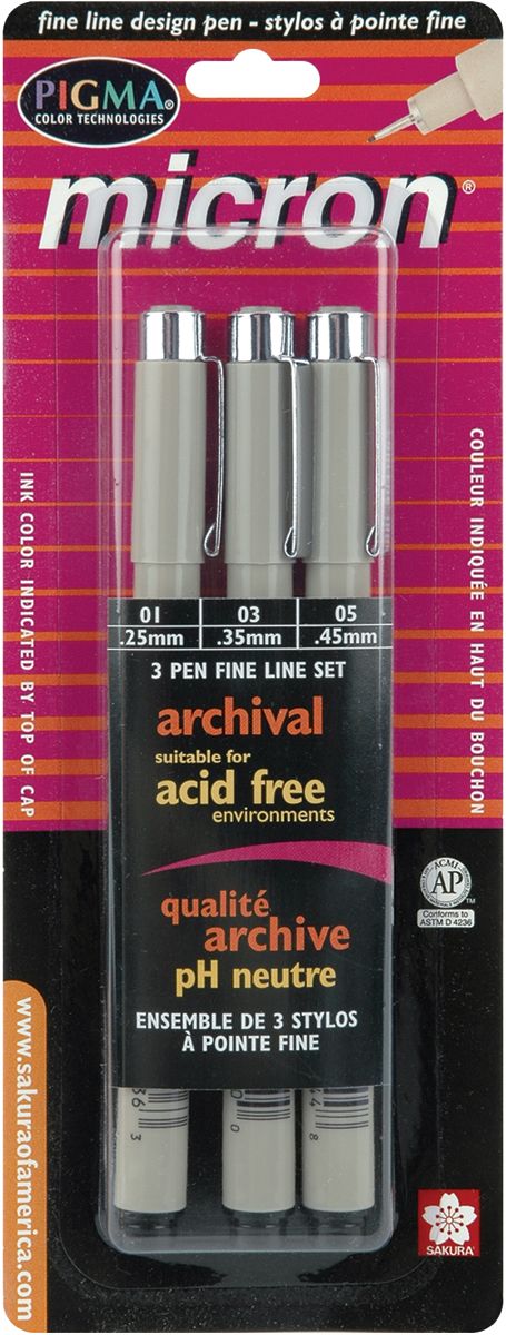 Sakura Pigma Micron Pen Set, Assorted Sizes, 3/Pkg, Black