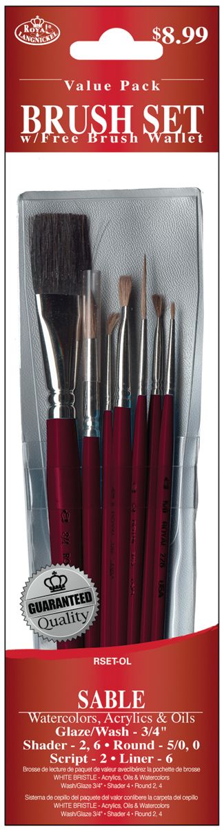 Royal Brush Brush Set Value Pack Sable, 7/Pkg-Glz/Wsh 3/4" Shd 2,6 Rnd 5,0 Scr 2 Lnr 6
