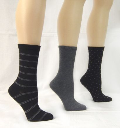 Basic Editions Women's Crew Socks Assorted Three Pack Black/Gray