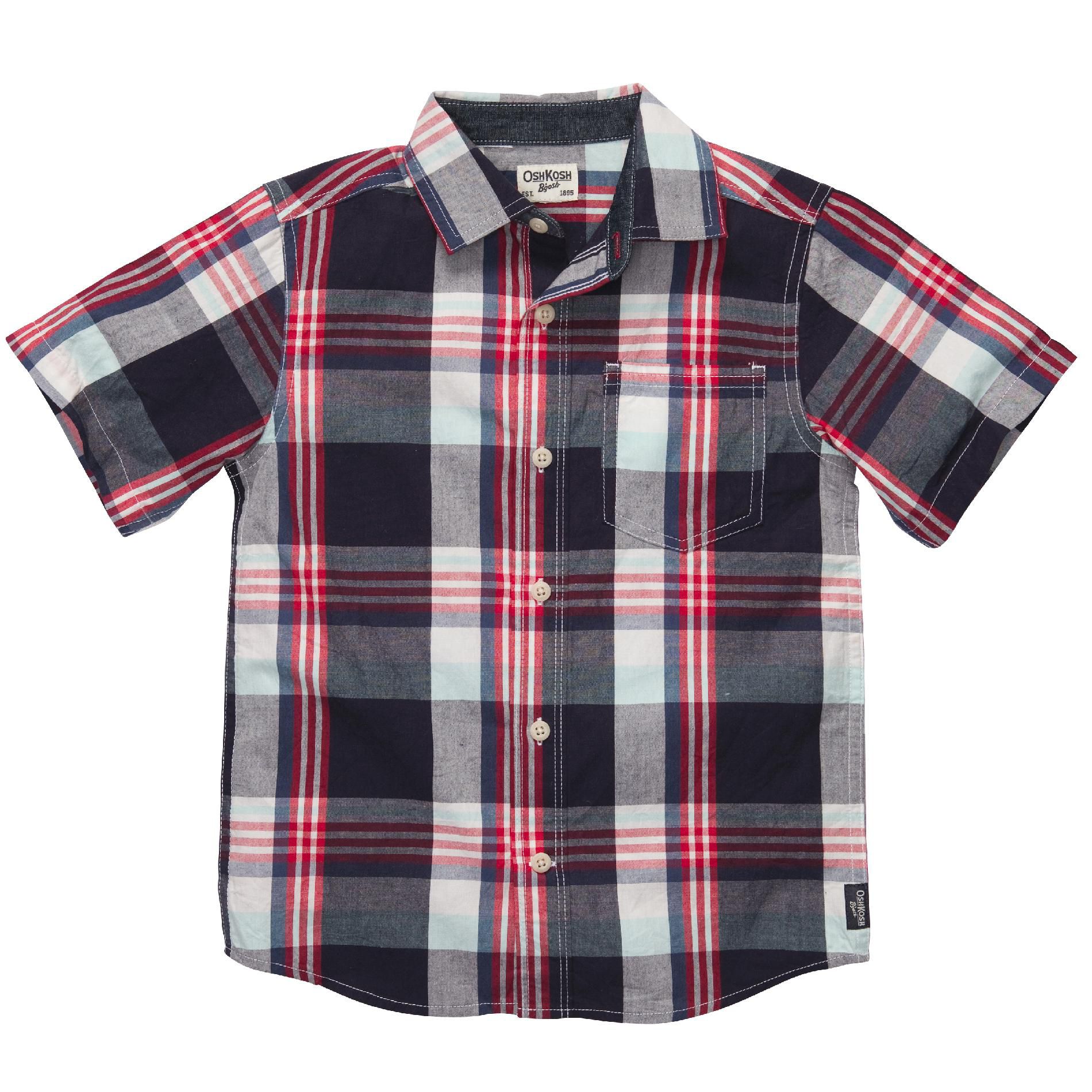OshKosh Boys&#8217; Short Sleeve Shirt Button-Down Navy Plaid