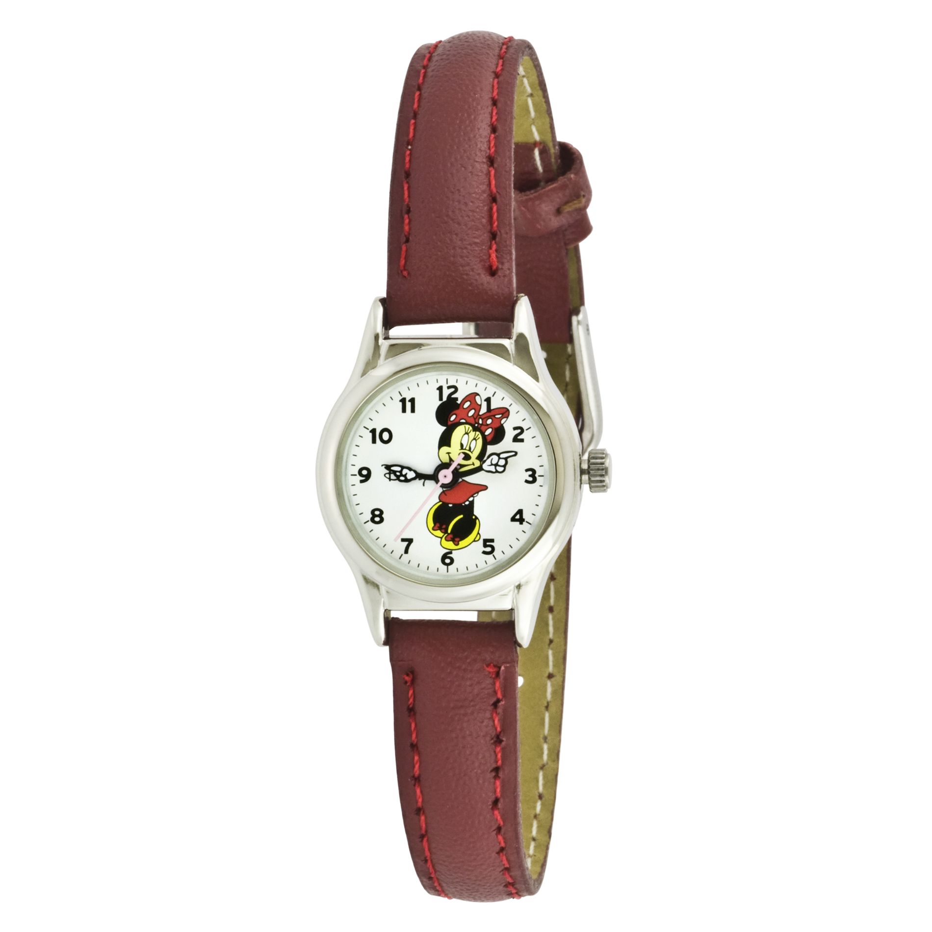 Disney Ladies' Minnie Mouse Watch w/Round Silvertone Case White Dial and Red Leather Band Disney Ladies' Minnie Mouse Watch w/Round Silvertone Case White Dial and Red Leather Band