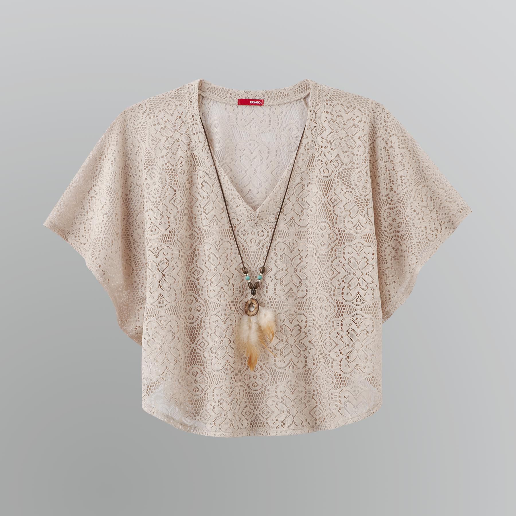 Bongo Junior's Lace Poncho Top with Feather Necklace