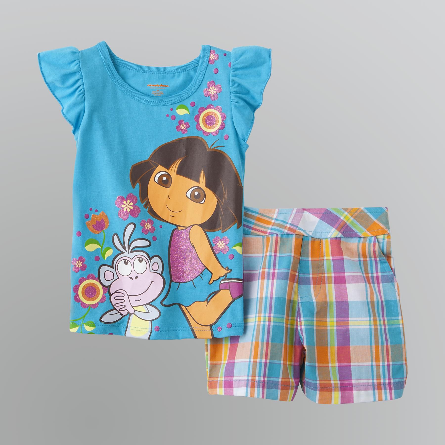 Nickelodeon Toddler Girl's Dora Plaid Shorts & Top Set