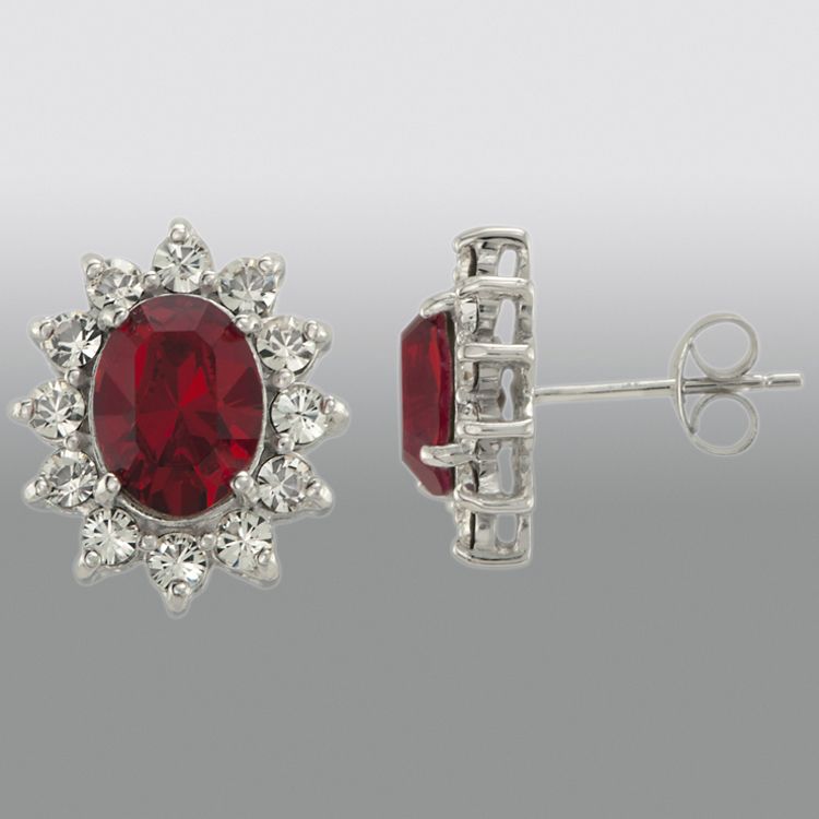 Enchanted Brilliance Ruby Red and White Swarovski Crystal Oval Stud Earrings in Sterling Silver