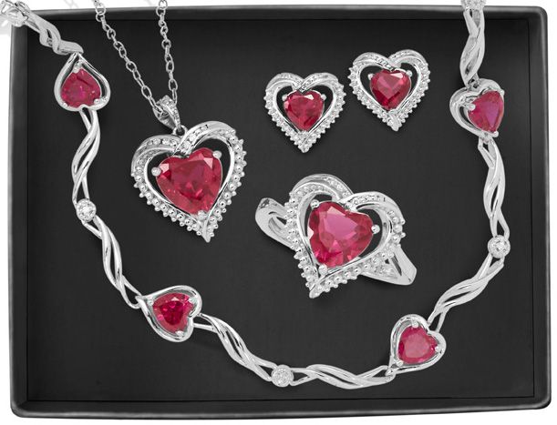 4-Piece Red Ruby Heart Necklace, Bracelet, Ring & Earrings Set