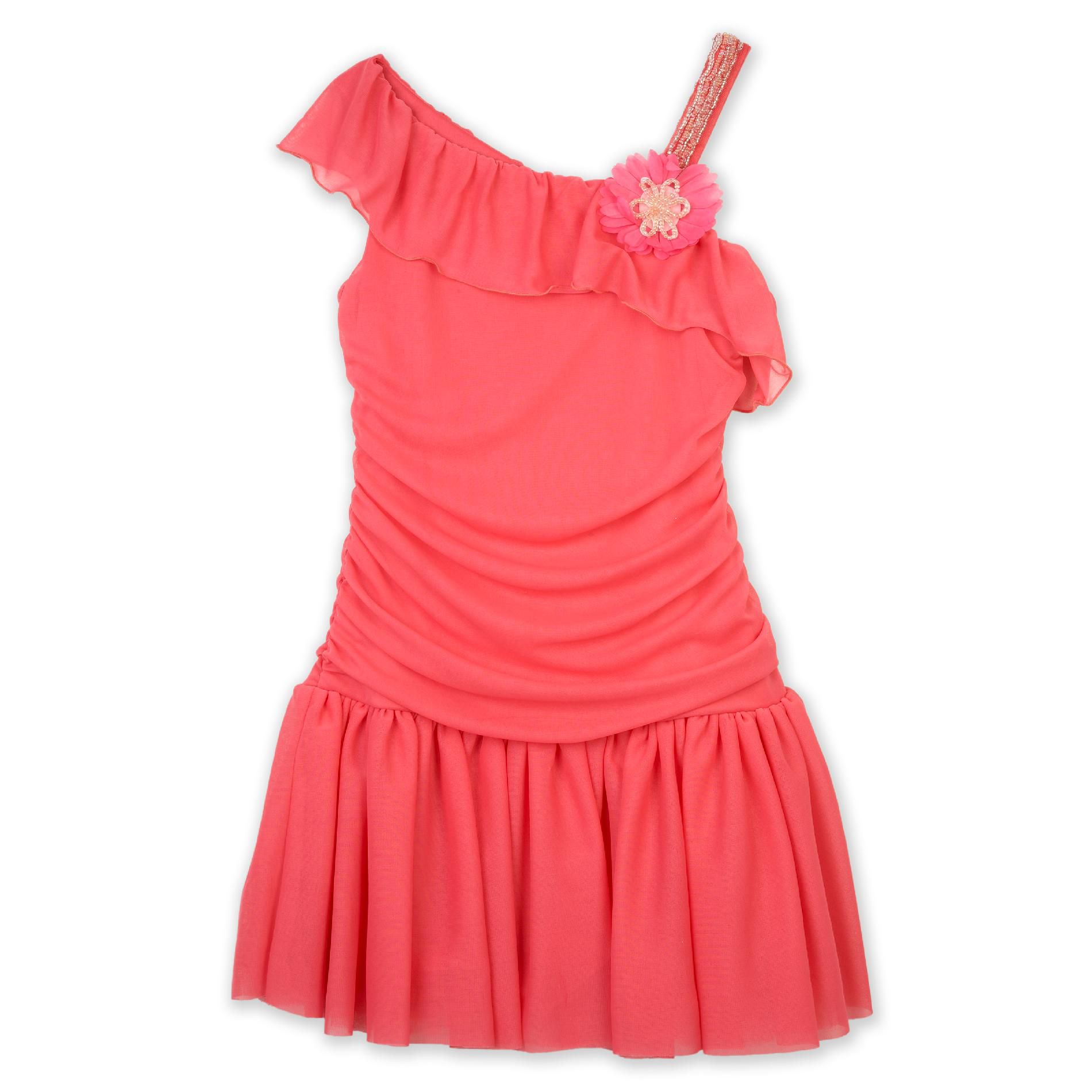 Amy's Closet Girls One-Shoulder Hipster Dress Ruffle Pleated Tutu Coral
