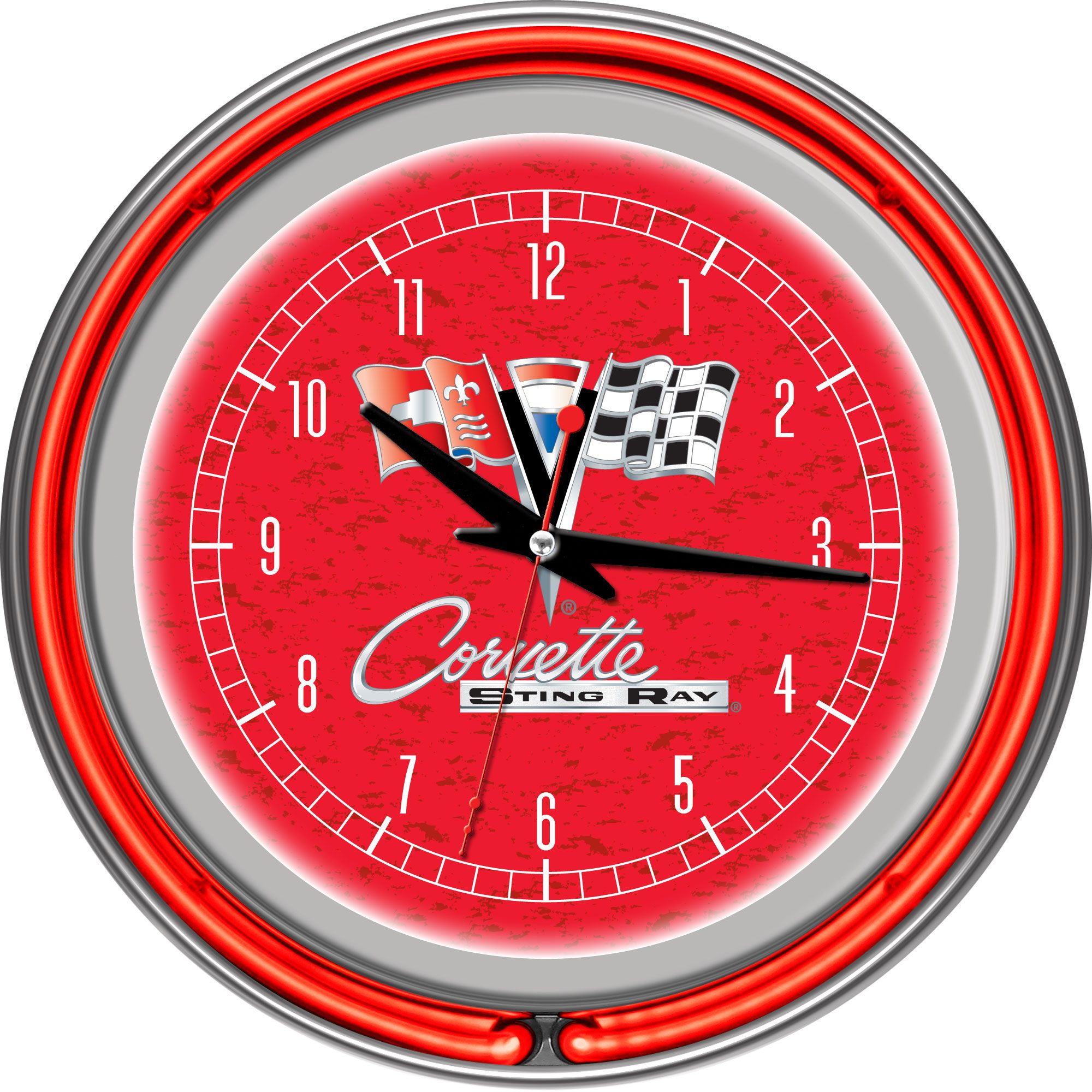 Chevy Corvette C2 Red Chrome Double Ring Neon Clock