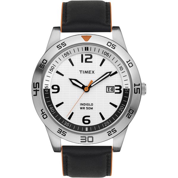 Timex Calendar Date Watch w/Round Silvertone Case, White Dial and Black Leather Band