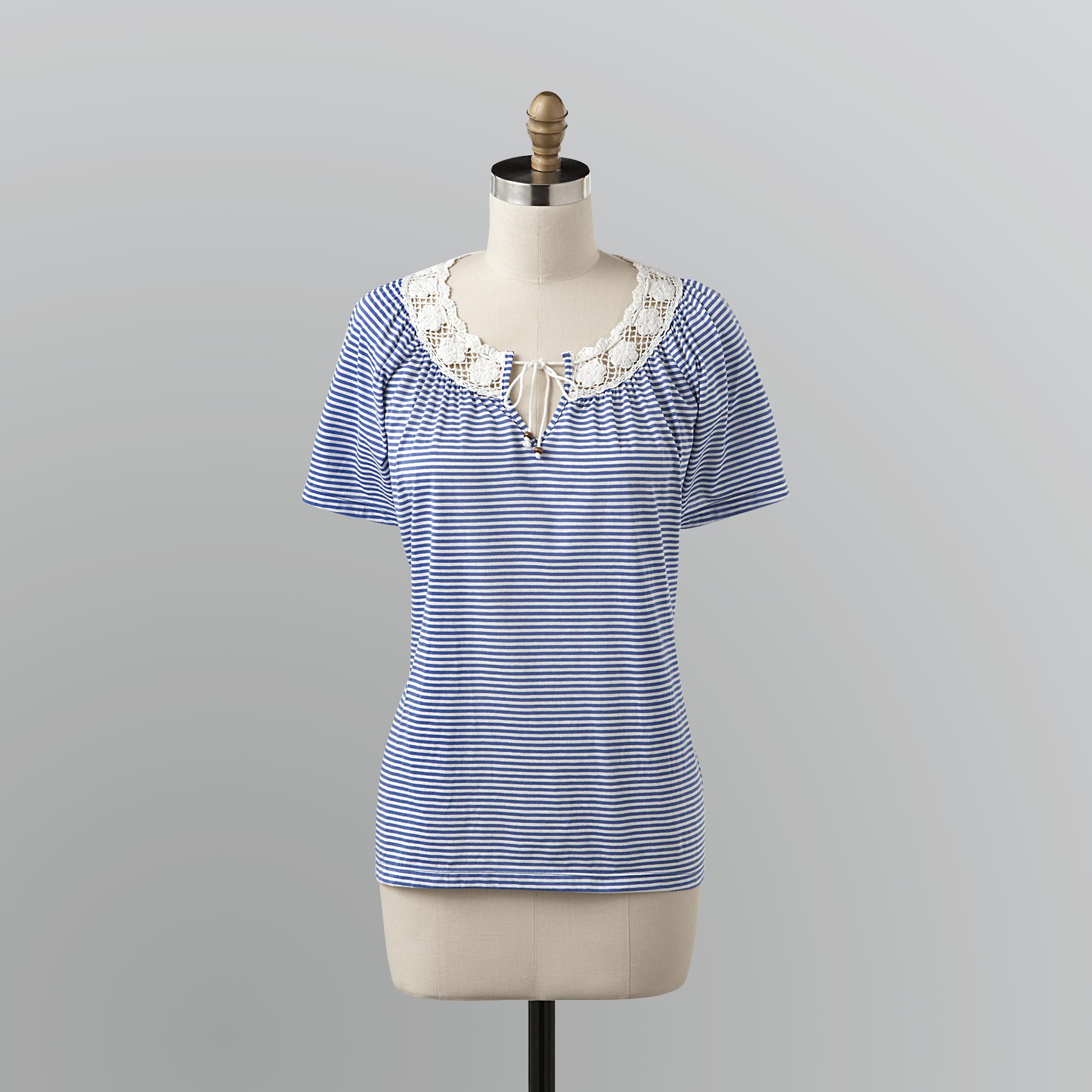 Basic Editions Women's Crocheted Neck T-Shirt