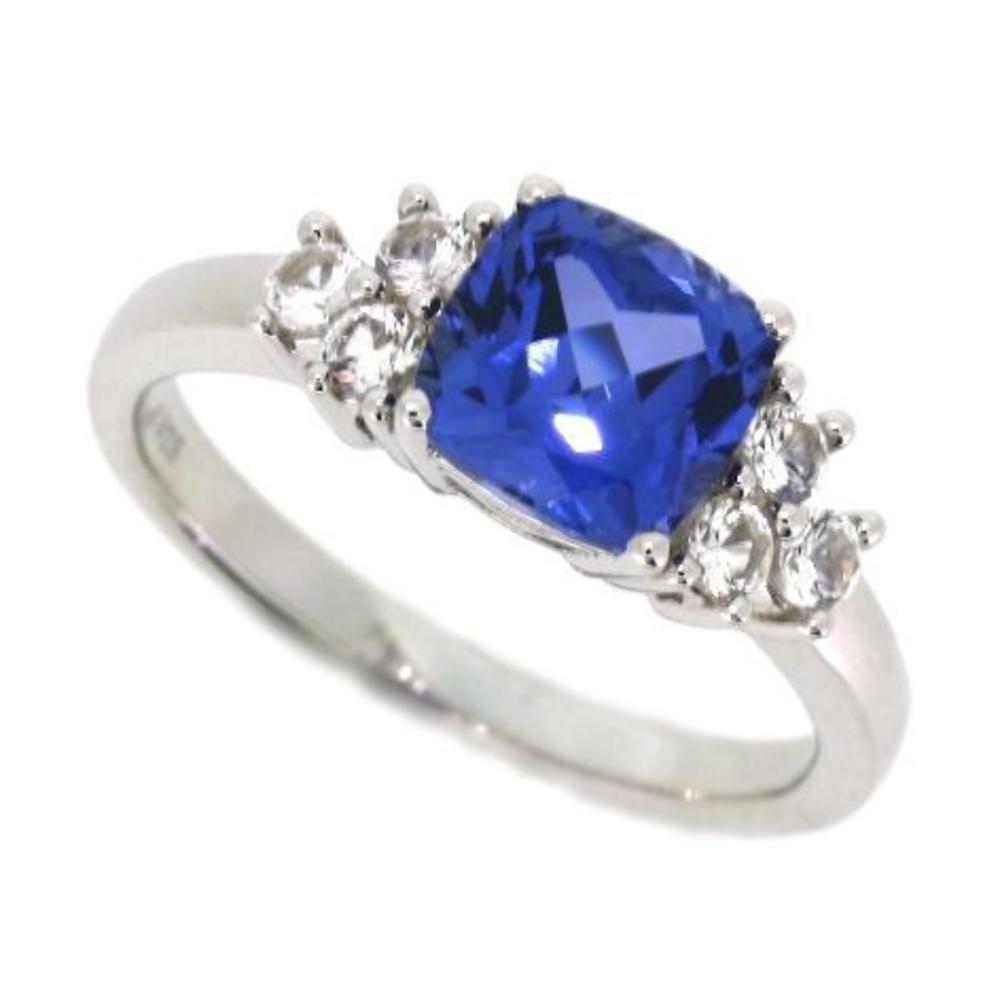 Ladies Sterling Silver and Lab-Created Ceylon Blue and White Sapphire Cushion Ring