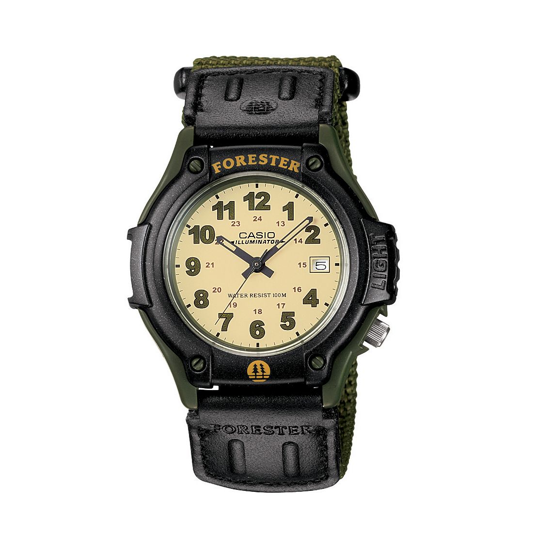 Casio Men's Calendar Date Watch w/Round Black Case, Off-White Dial and Green Fabric Band