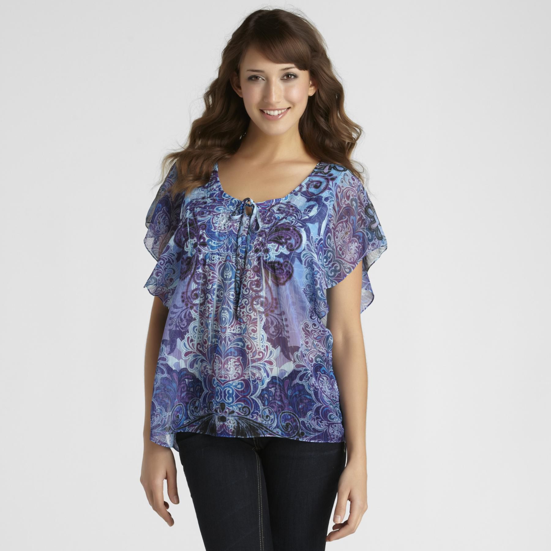 Live and Let Live Women's Sheer Short-Sleeve Blouse with Keyhole Front Tie.