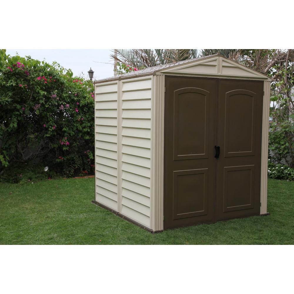 Duramax 30411 6' x 6' vinyl fire retardant shed with a galvanized steel interior supporting structure