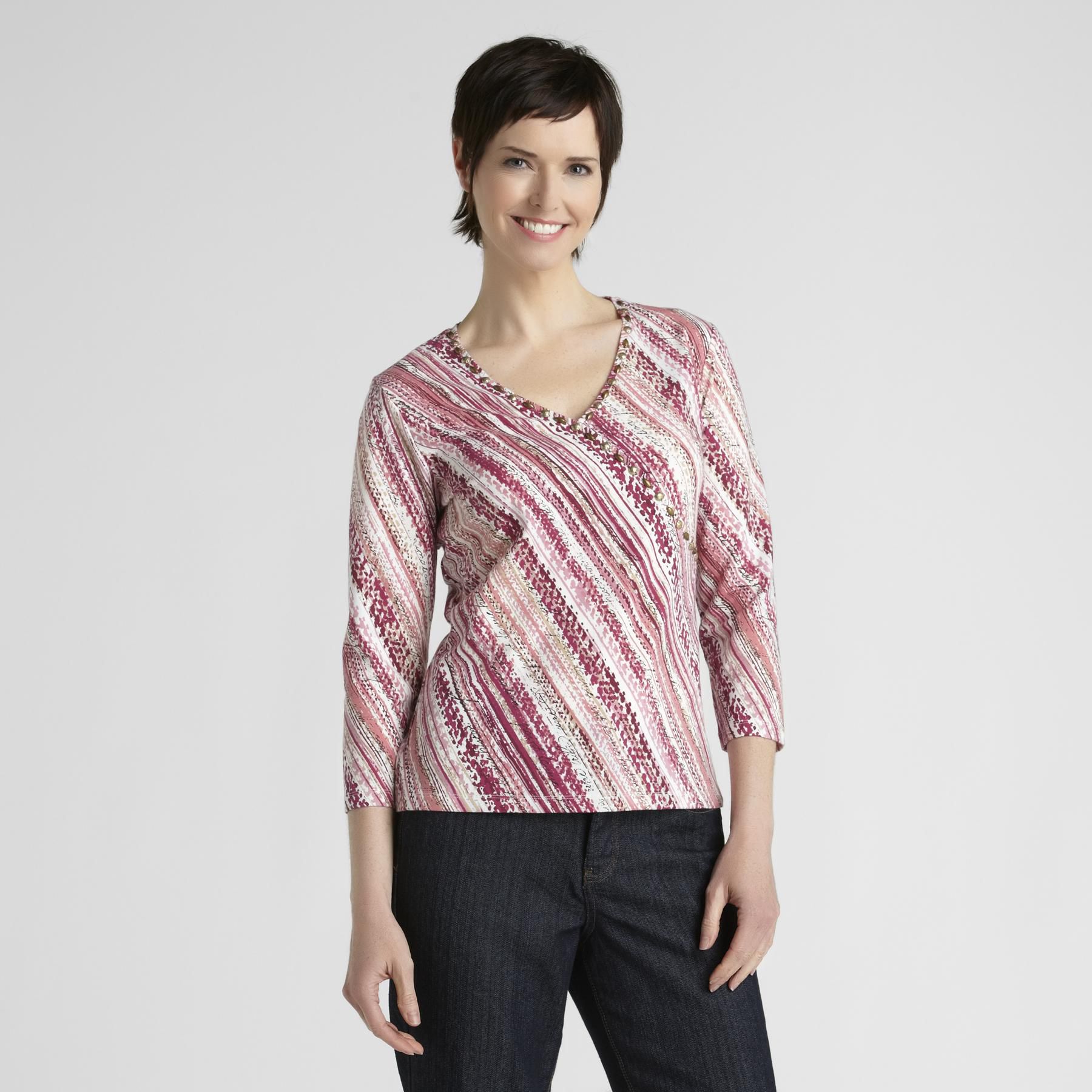 Sapphire Star Women's Surplice Stripe Three-Quarter Sleeve T-Shirt