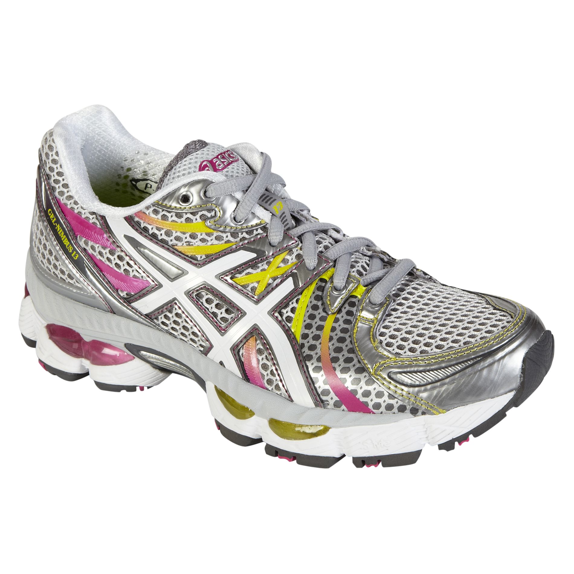 ASICS Women's GEL-Nimbus 13 Running Athletic Shoe Wide Width - Silver/Pink/Yellow