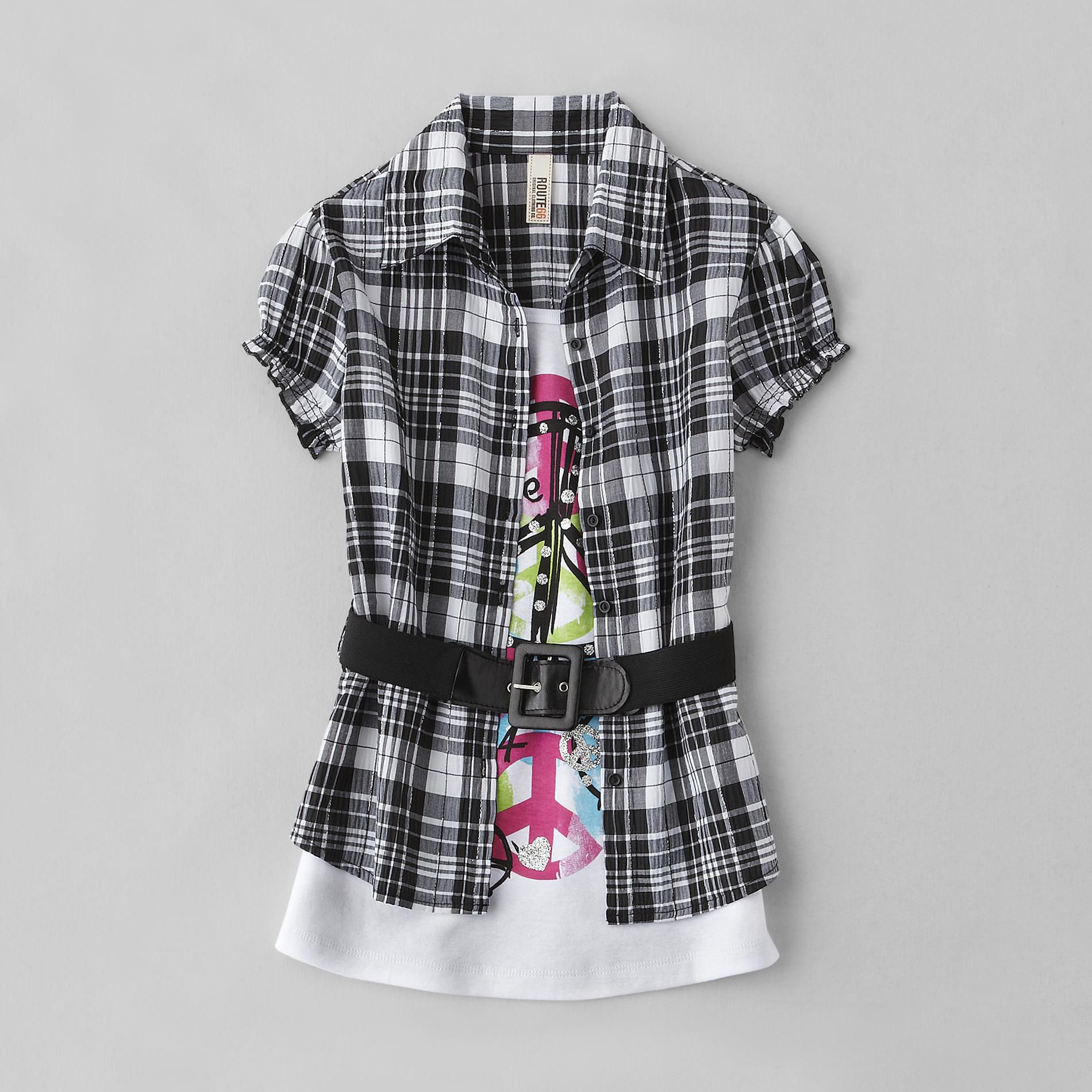 Route 66 Girl's Plaid Shirt and Peace Tank
