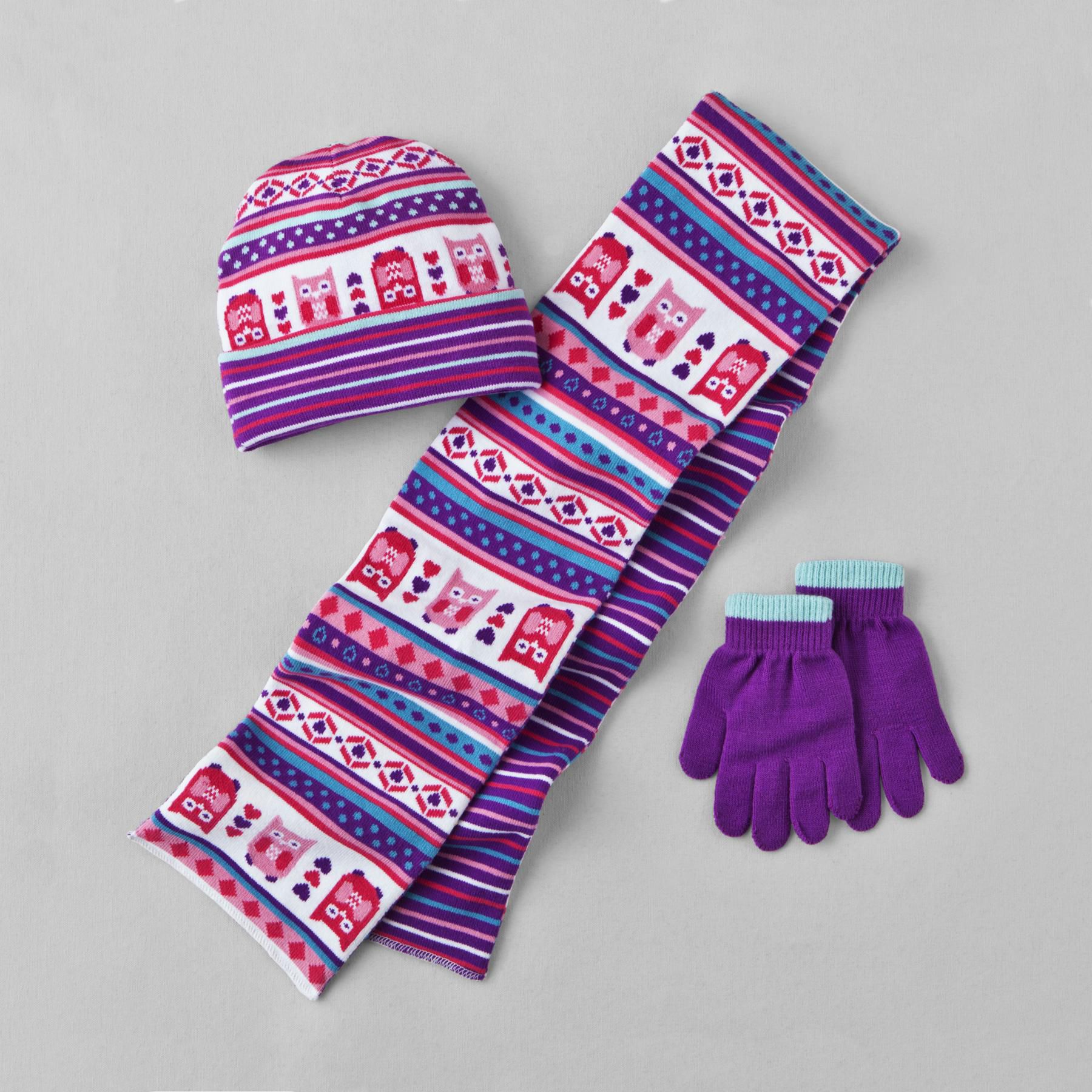 Joe Boxer Girls' Knit Owl Hat Scarf & Gloves Set
