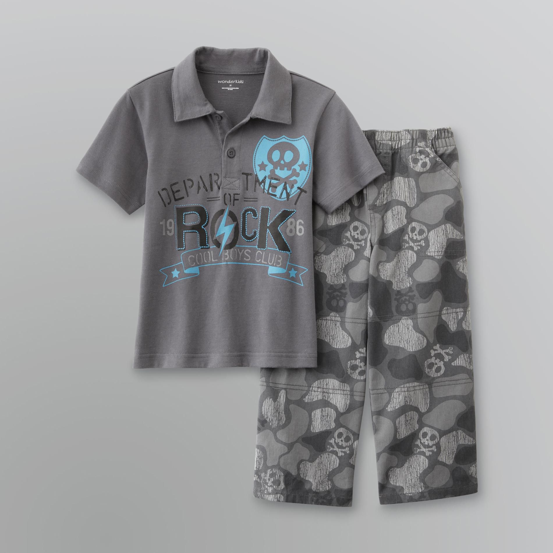 WonderKids Toddler Boy's Skull Graphic Polo Shirt and Pants Set