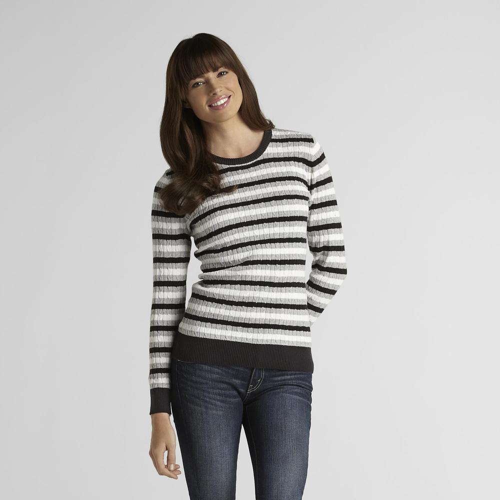 Basic Editions Women's Striped Cable-Knit Sweater