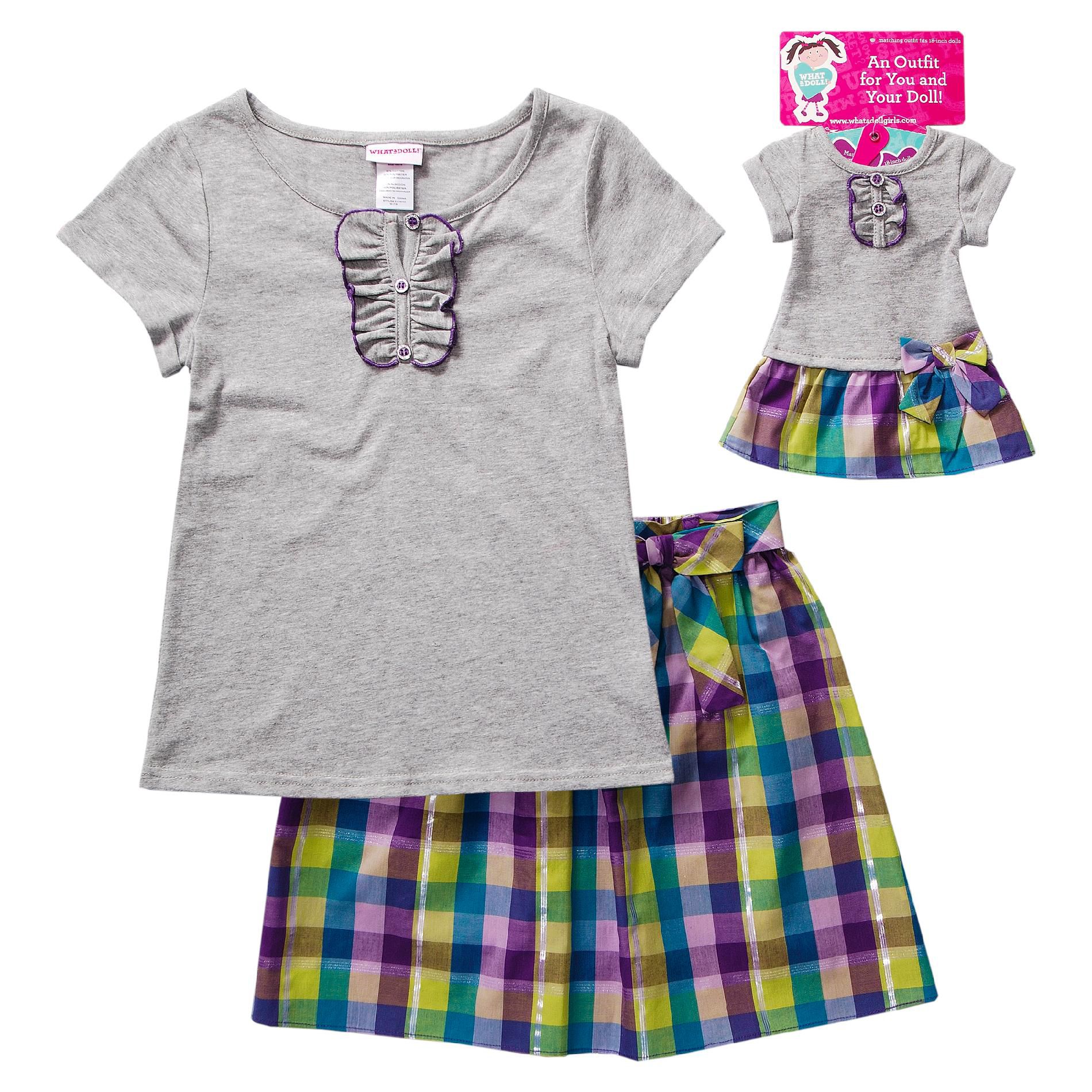 What A Doll Girl's Plaid Skirt & Henley Shirt with Doll Outfit
