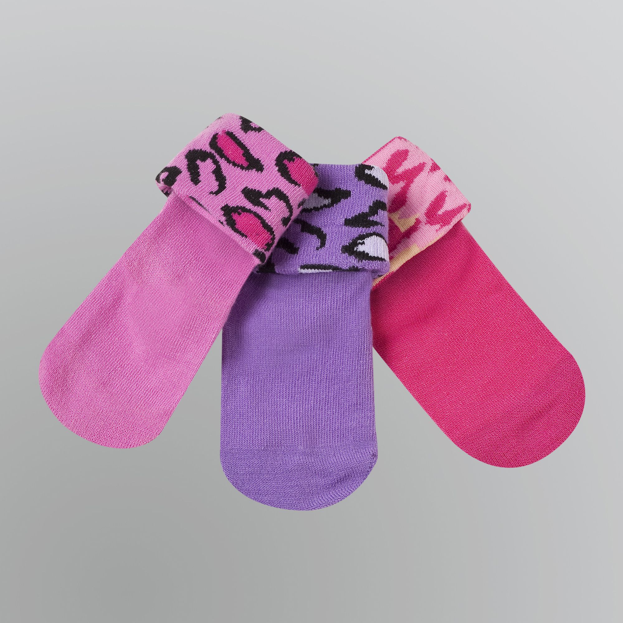 WonderKids Girl&#8217;s Infant Socks 3pk Animal Print Pink Purple
