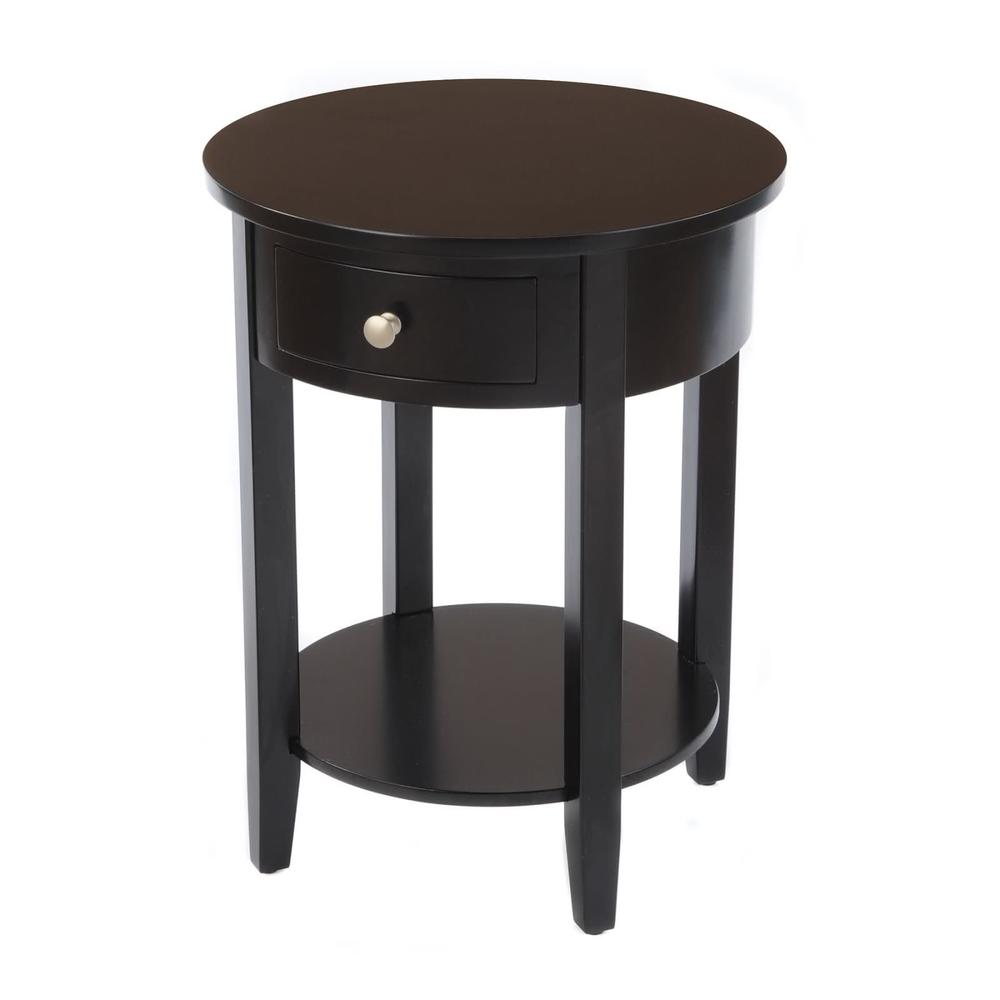Bay Shore Collection Round Side Table with Wood Top and Drawer - Black
