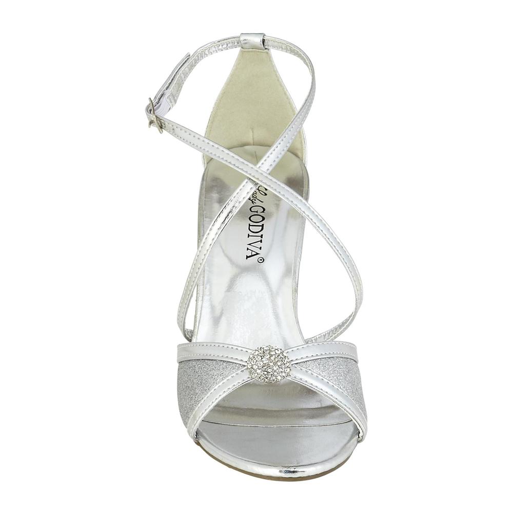 Lady Godiva Women's Saoirse Rhinestone Center Ankle Strap Dress Shoe - Silver