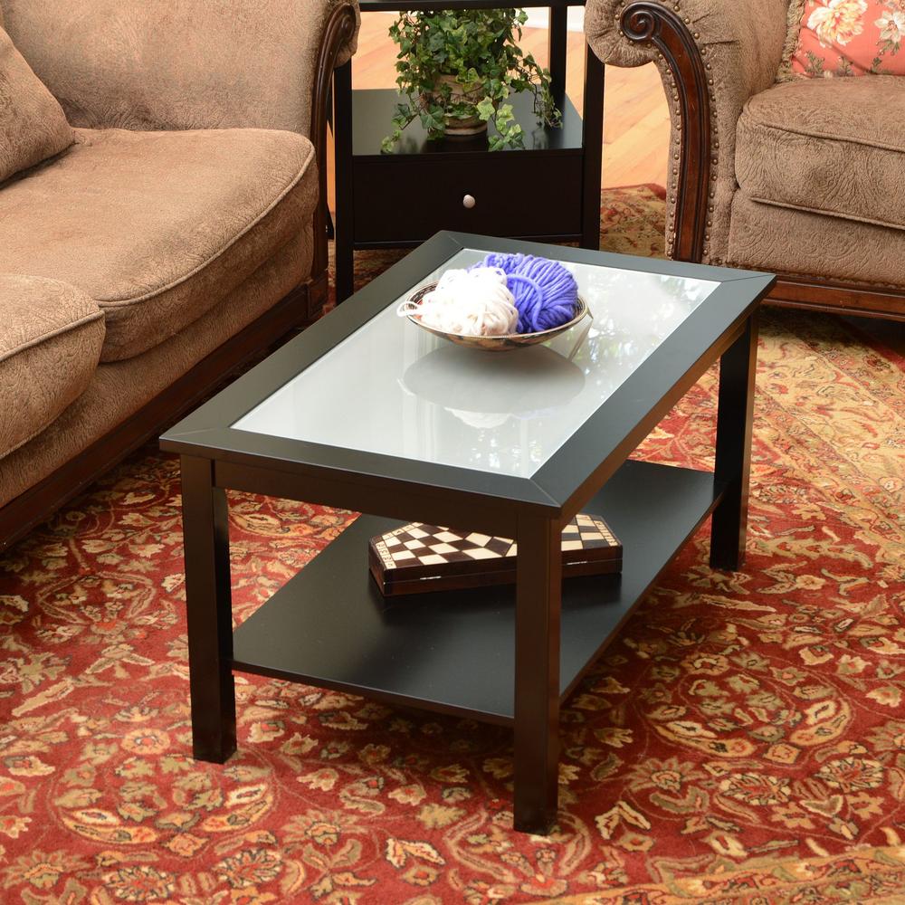 Bay Shore Collection Coffee Table with Glass Insert Top and Lower Shelf - Black