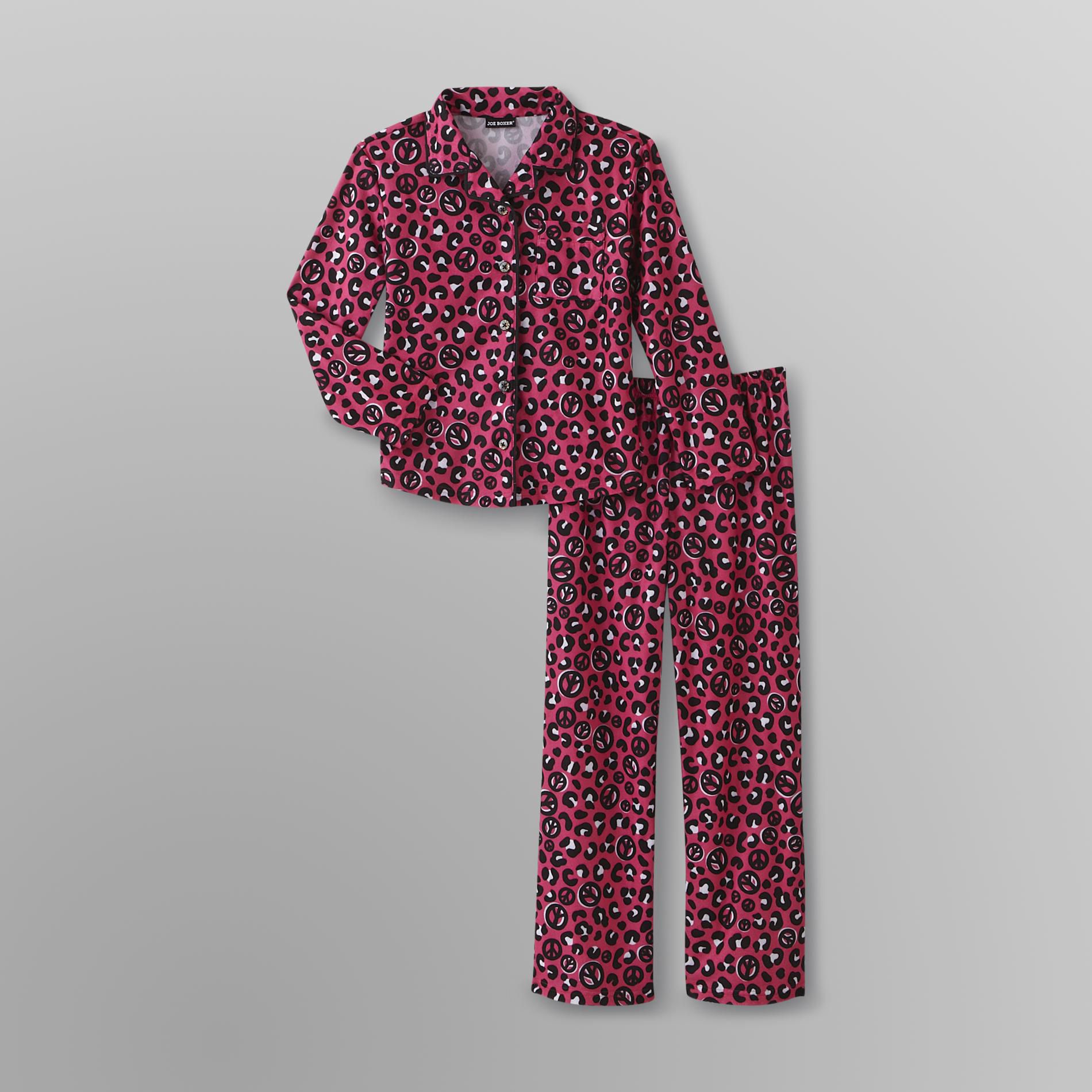 Joe Boxer Girl's Flannel Pajamas - Leopard Peace Signs