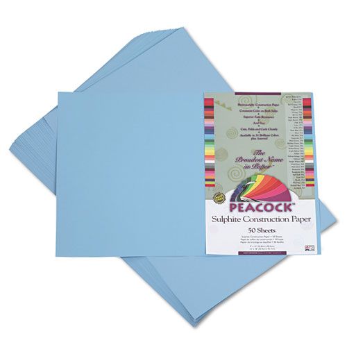 PACP7612 PEACOCK SULPHITE CONSTRUCTION PAPER, 76 LBS., 12 X 18, SKY BLUE, 50 SHEETS/PACK