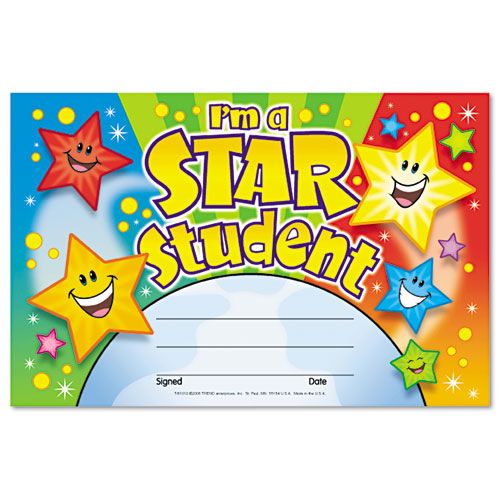 TEPT81019 RECOGNITION AWARDS, I'M A STAR STUDENT, 8 1/2W BY 5 1/2H, 30/PACK
