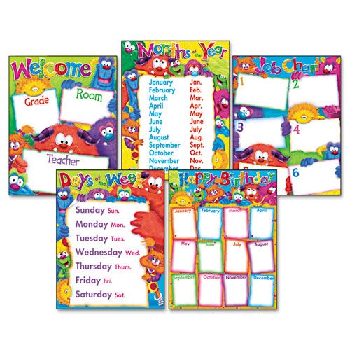 TEPT38964 LEARNING CHART COMBO PACK, FURRY FRIENDS CLASSROOM BASICS, 17W X 22, 5/PACK