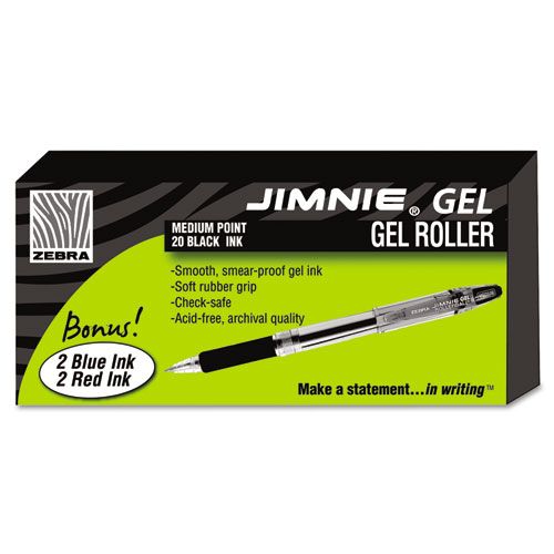 Zebra ZEB14410 Jimnie Roller Ball Stick Gel Pen  Black Ink  Medium  24 per Box