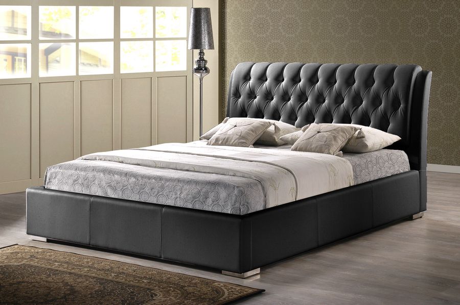 Baxton Studio Bianca Black Modern Bed, Queen Size Bed Upholstered Headboard