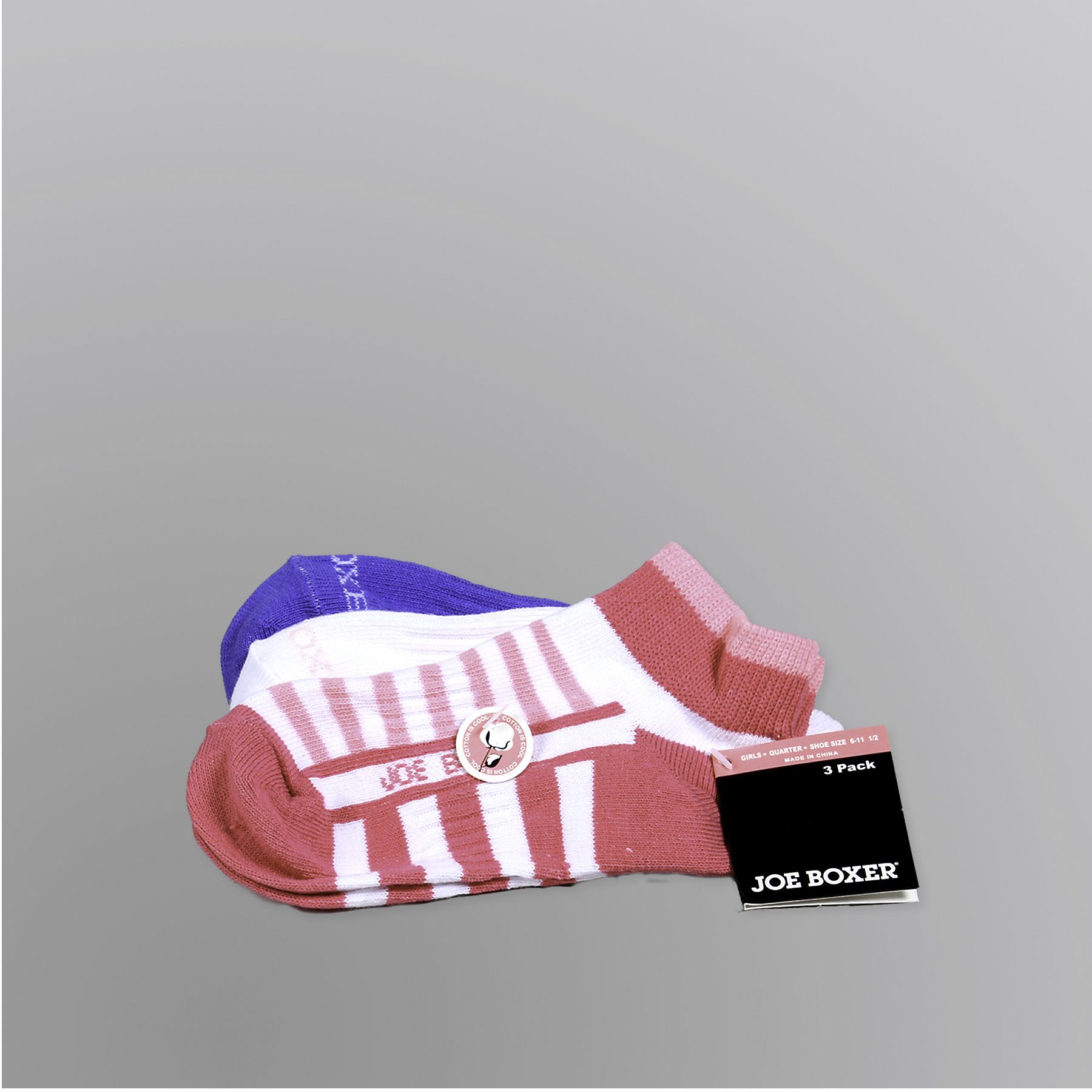 Joe Boxer Girl&#8217;s Socks 3pk Quarter Stripe Pink White Purple