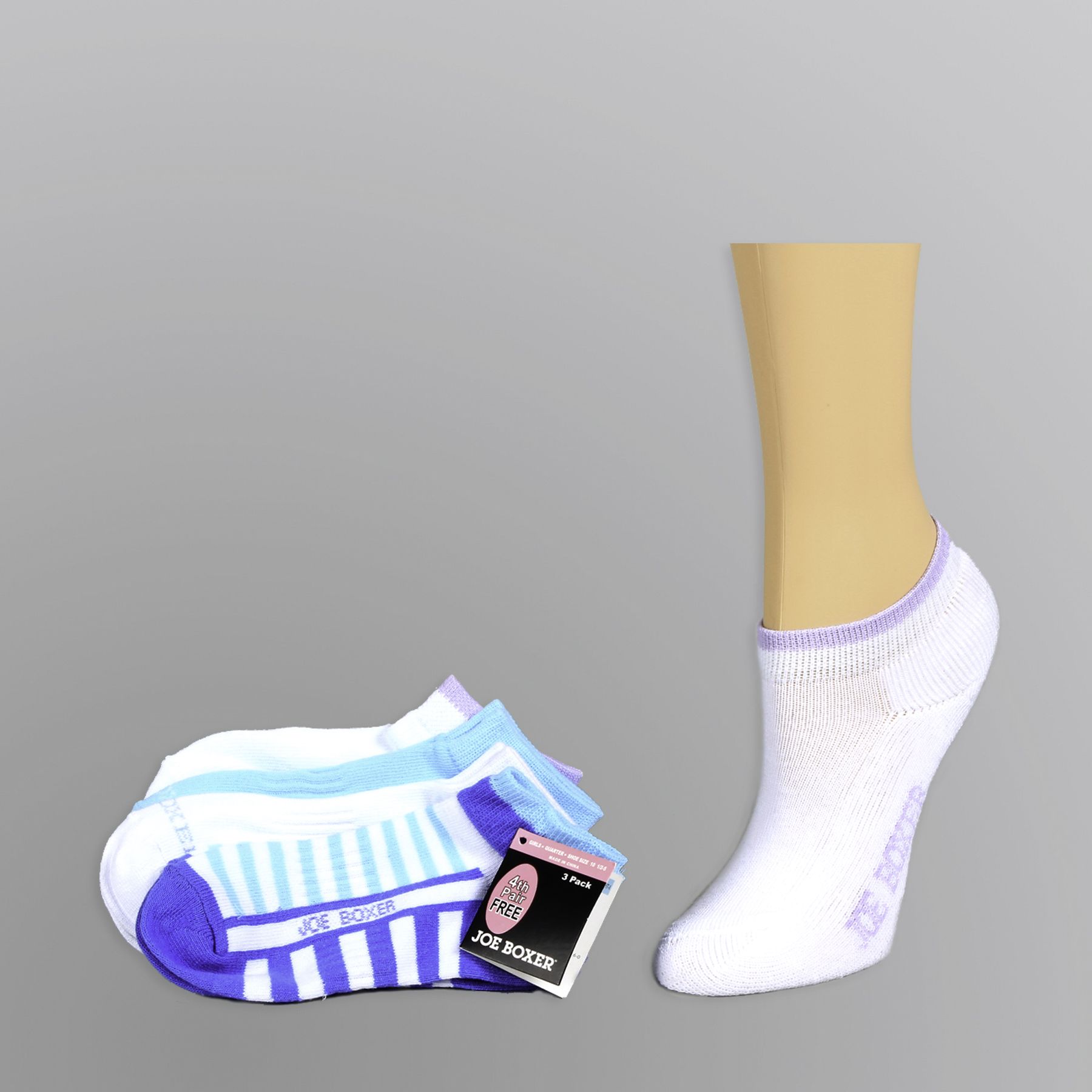 Joe Boxer Girl&#8217;s Socks 3pk Quarter Stripe White Purple Turquoise