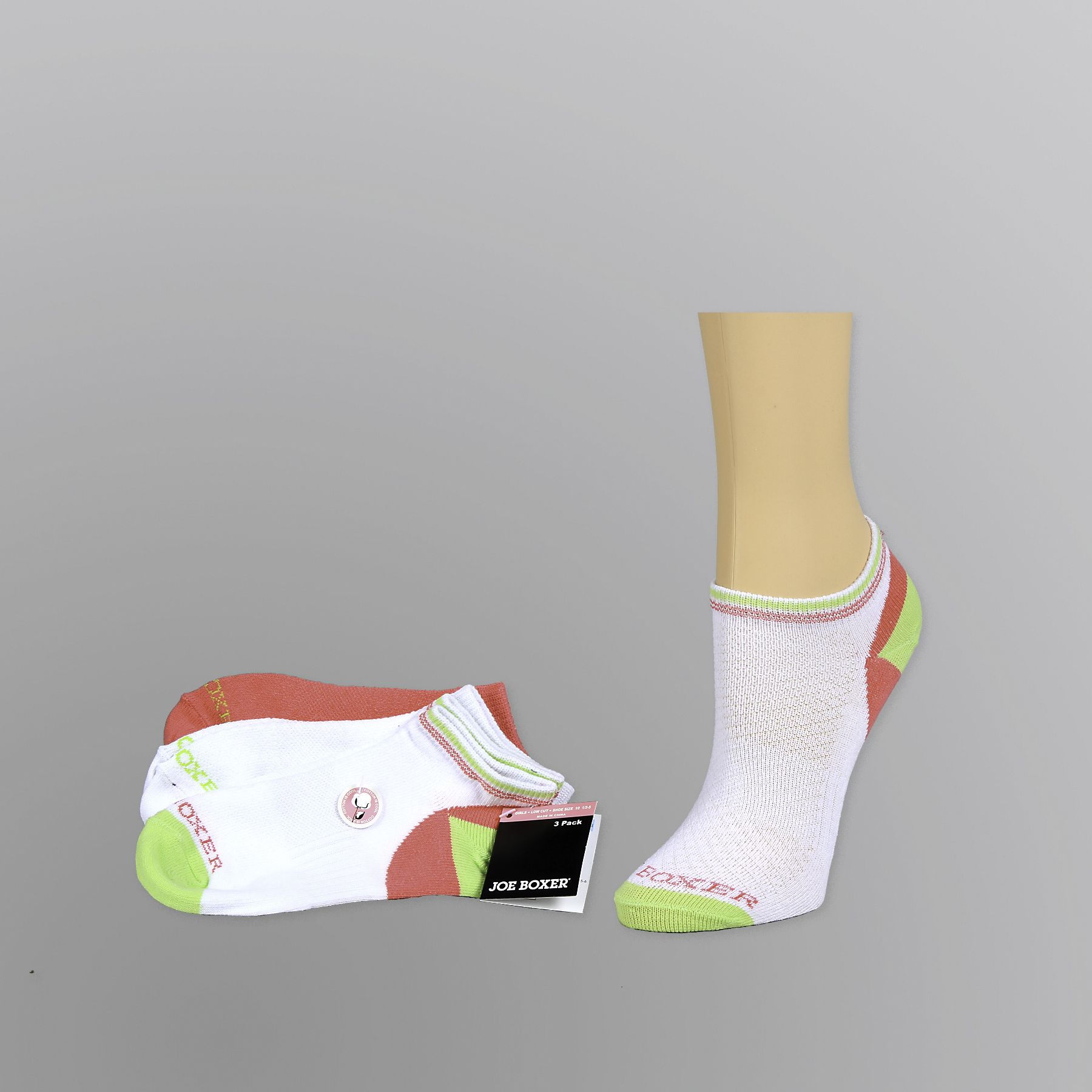 Joe Boxer Girl&#8217;s Socks 3 pk Low Cut White/Green/Pink