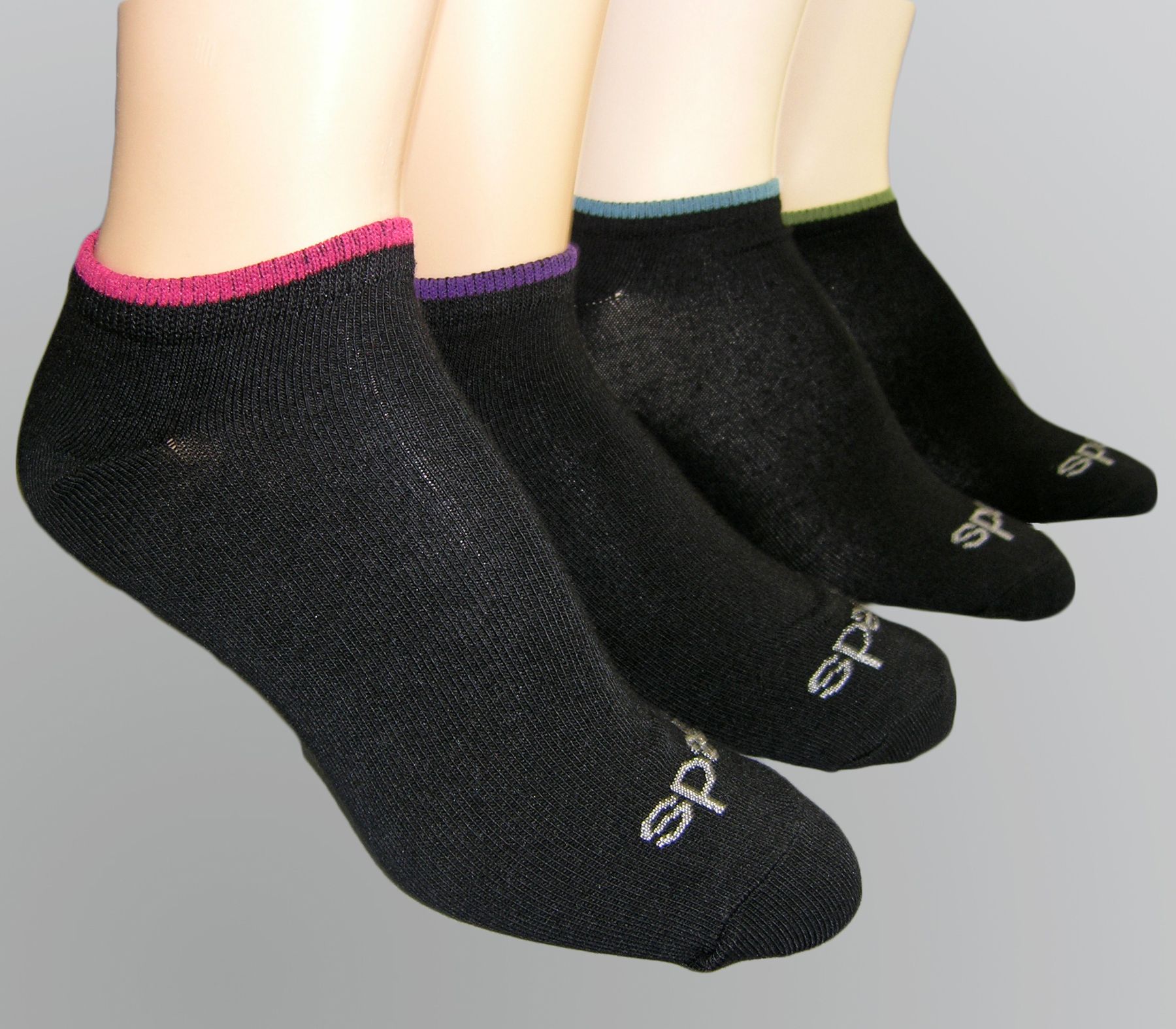 Peds Ladies Lt Weight No Show-Assorted Black with Tipping-4P