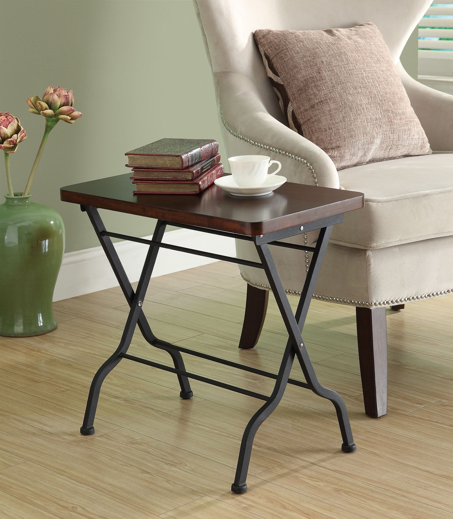 Monarch Specialties ACCENT TABLE - CHERRY / CHARCOAL BLACK METAL FOLDING
