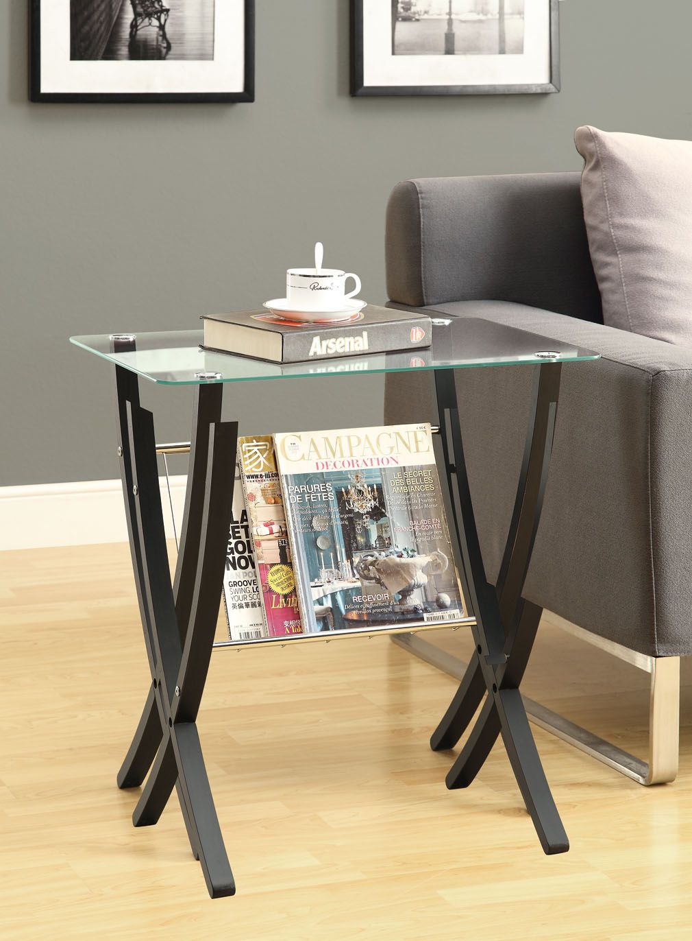 Monarch Specialties ACCENT TABLE - CAPPUCCINO BENTWOOD WITH TEMPERED GLASS