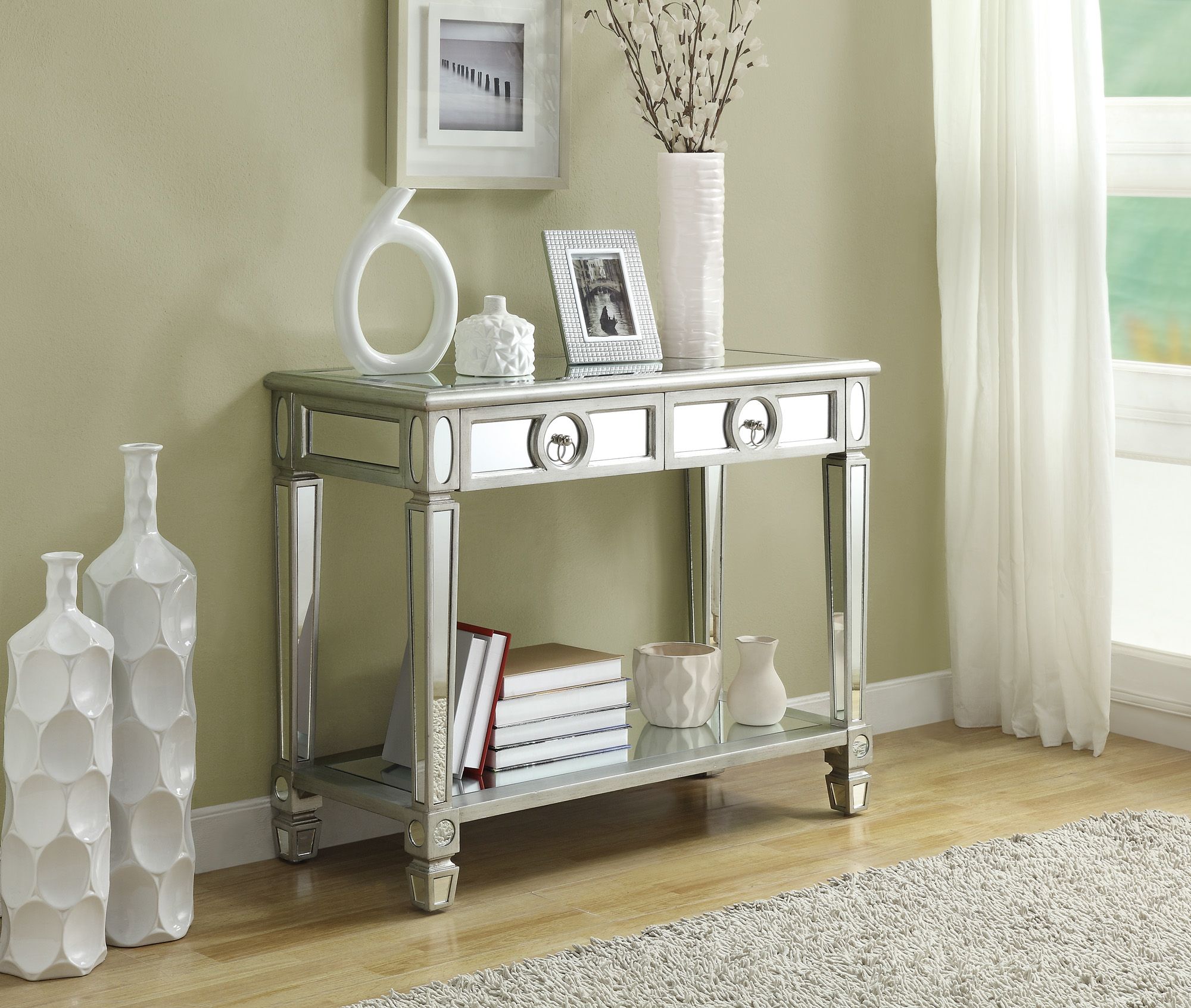 Monarch Specialties CONSOLE TABLE - 38&quot;L / BRUSHED SILVER / MIRROR