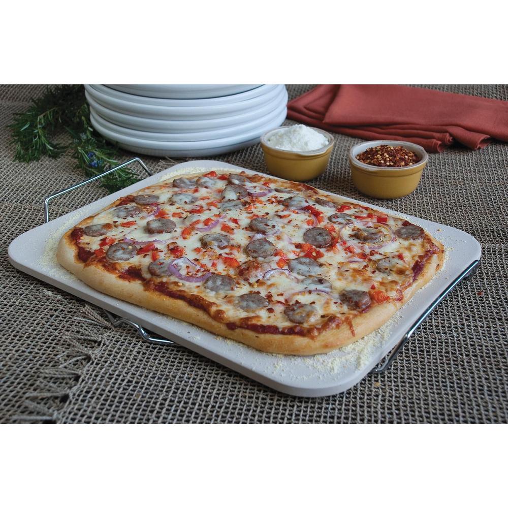 Pizzacraft Rectangle Pizza Stone with Wire Frame / 15.2" x 12.1"